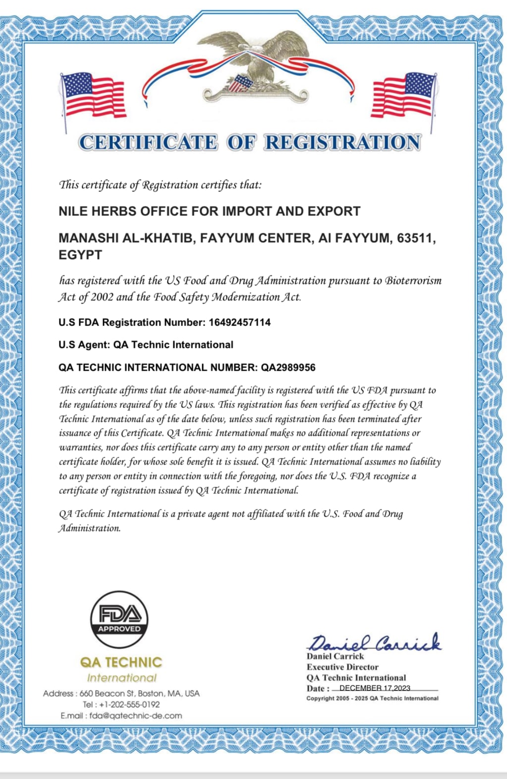 FDA Certificate